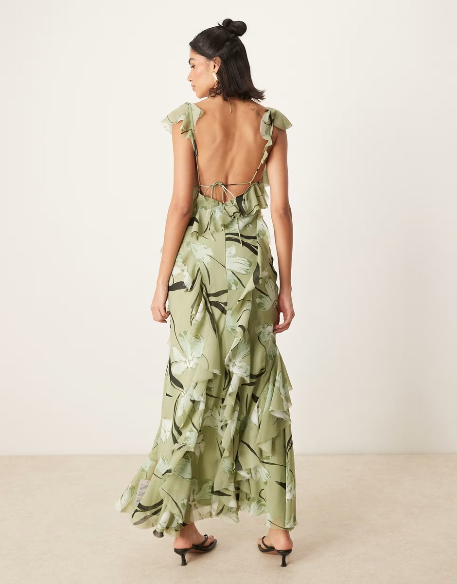 ASOS ASOS DESIGN ruffle bias maxi dress with open back in green floral print - 3
