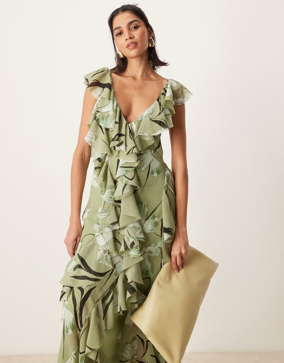 ASOS ASOS DESIGN ruffle bias maxi dress with open back in green floral print - 4