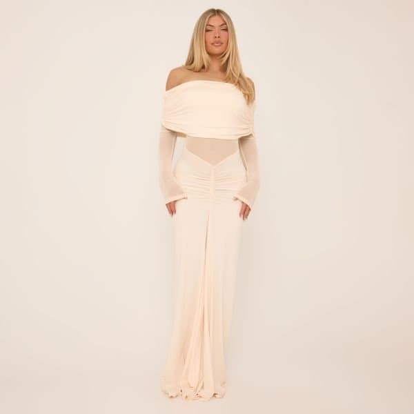 EGO Fold Over Bardot Mesh Panel Maxi Dress In Cream Slinky, Women's Size UK Small S