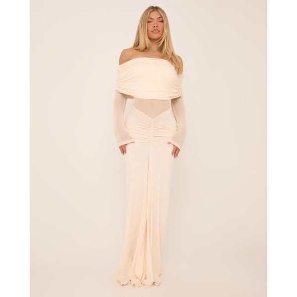 EGO Fold Over Bardot Mesh Panel Maxi Dress In Cream Slinky, Women's Size UK Small S - 2