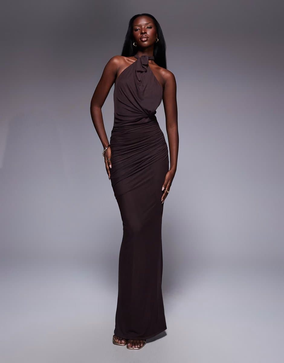 ASOS ASOS DESIGN mesh twist bust detail halter maxi with tie back neck in chocolate