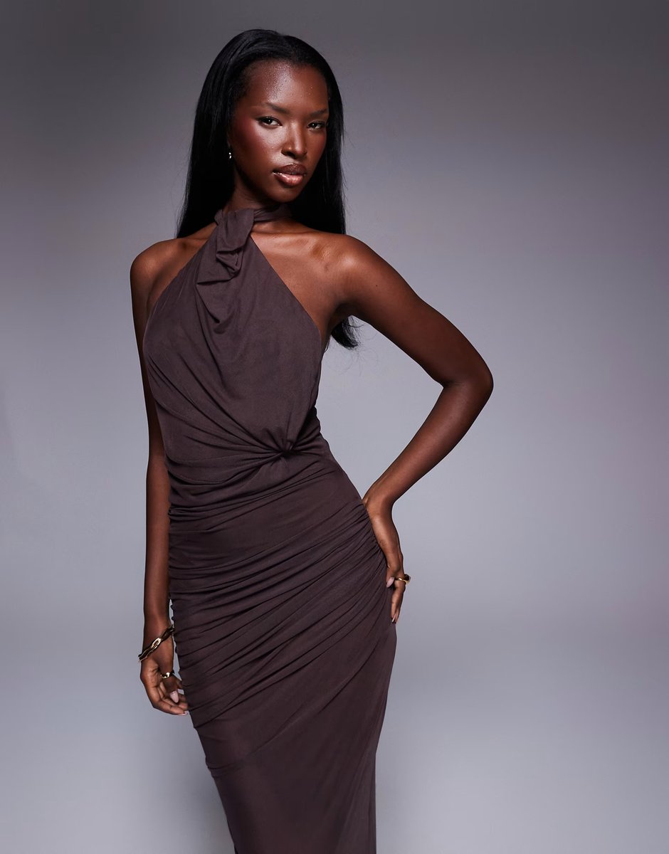 ASOS ASOS DESIGN mesh twist bust detail halter maxi with tie back neck in chocolate - 3