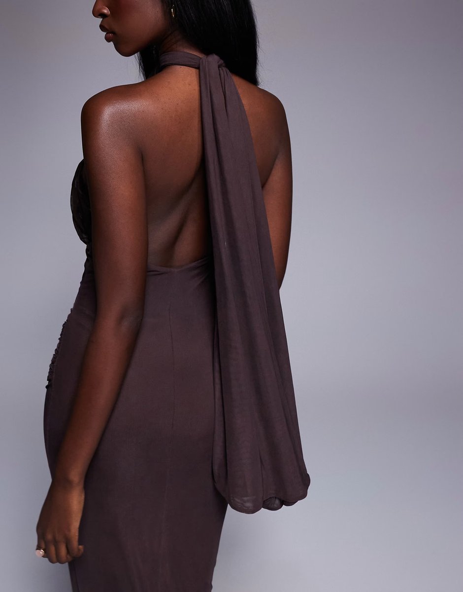 ASOS ASOS DESIGN mesh twist bust detail halter maxi with tie back neck in chocolate - 4