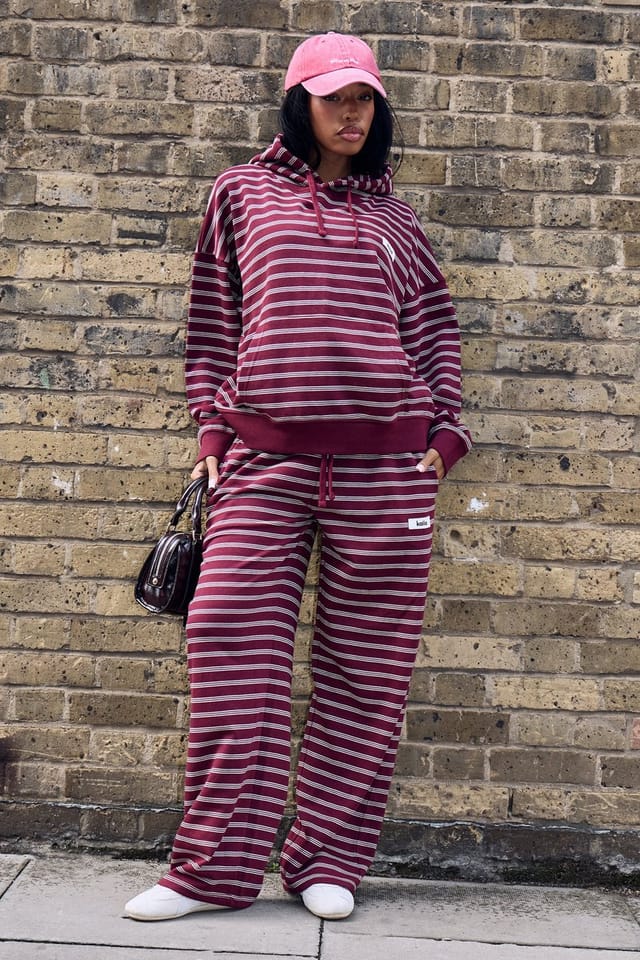 Kaiia Kaiia Striped Oversized Hoodie Burgundy & Cream - 3