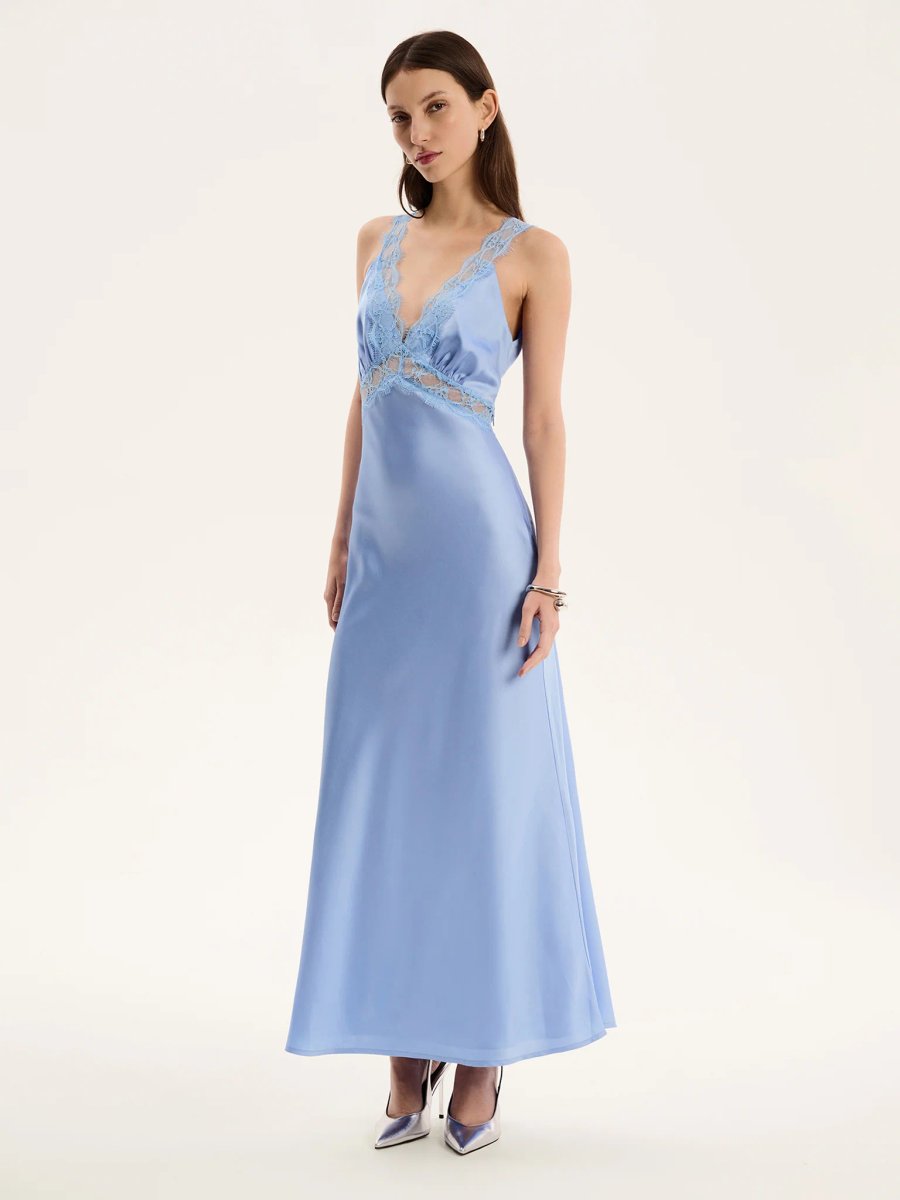 OMNES Aurelia Lace Trim Maxi Dress in Blue - 3