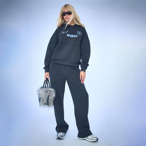 EGO Mid Rise Striped Detail Wide Leg Joggers In Charcoal Grey, Women's Size UK 6