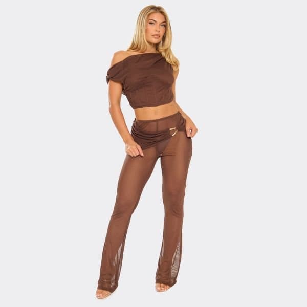 EGO EGO Low Rise Ruched Trim Flared Trousers in Chocolate Brown Mesh