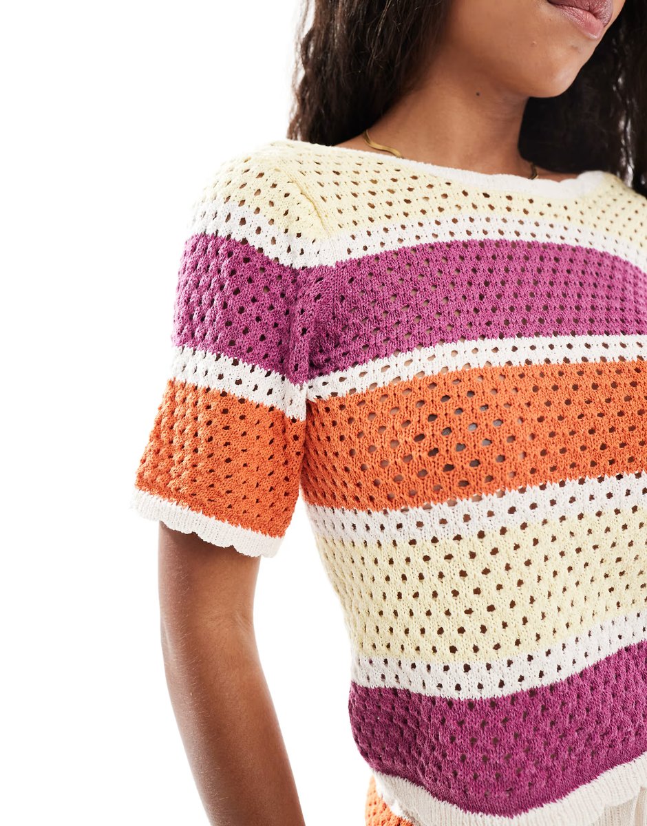 ASOS Vero Moda stripe crochet short sleeve top co-ord with scallop trim in multicolour - 4