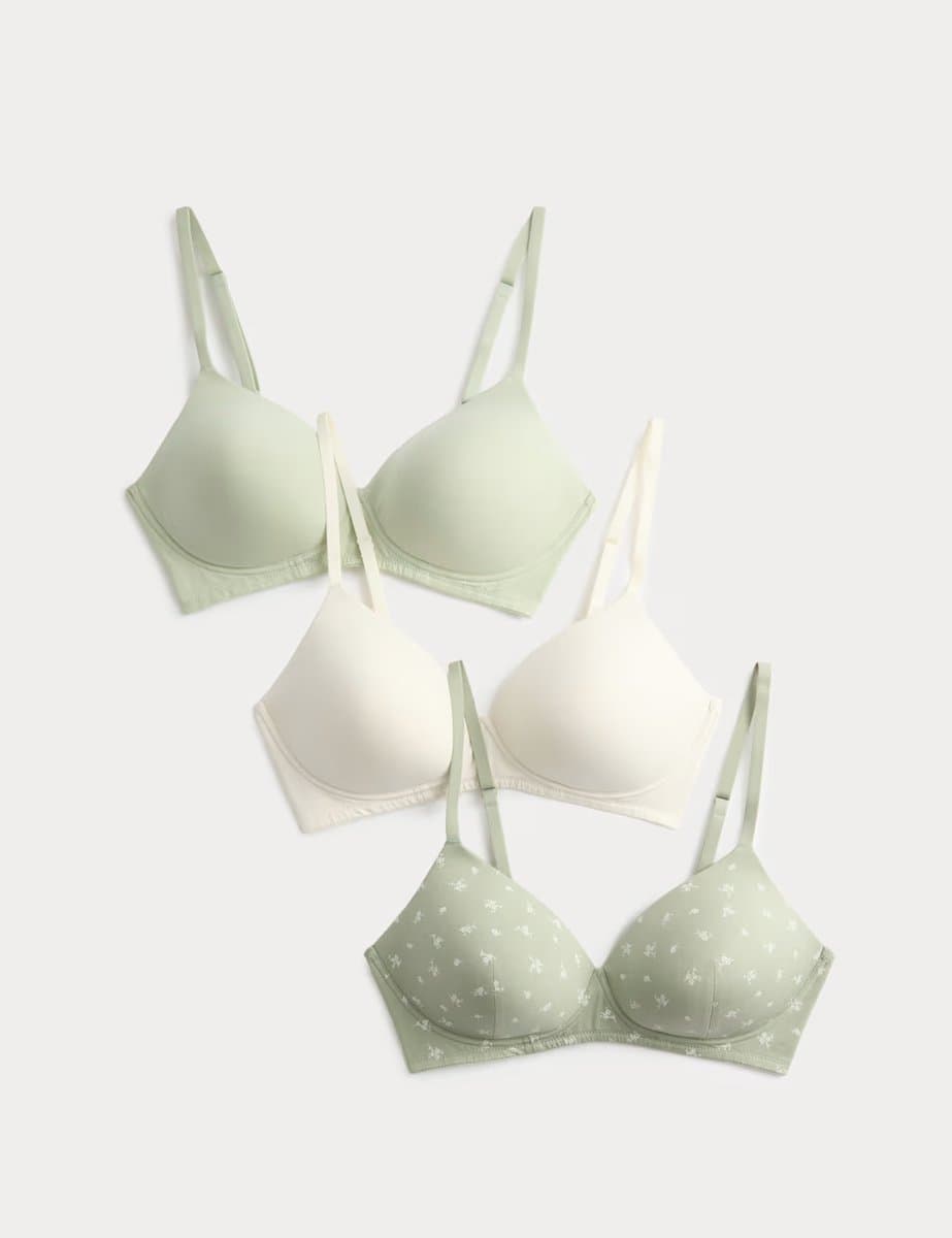 Marks & Spencer M&S 3pk Cotton Non Wired Full Cup T-Shirt Bra A-E Soft Green