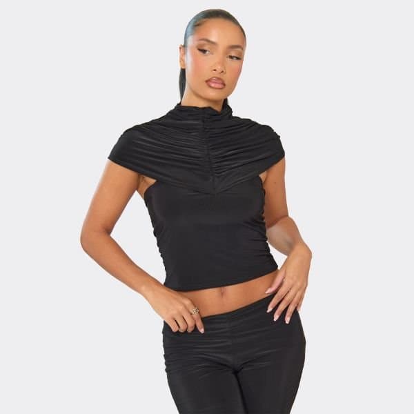 EGO High Neck Ruched Cape Detail Fitted Top In Black Slinky, Women's Size UK 6