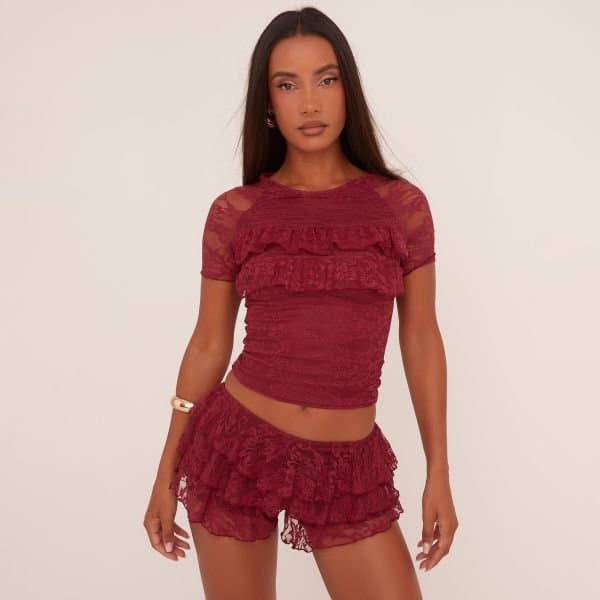 EGO EGO Short Sleeve Frill Bust T-Shirt in Burgundy Lace