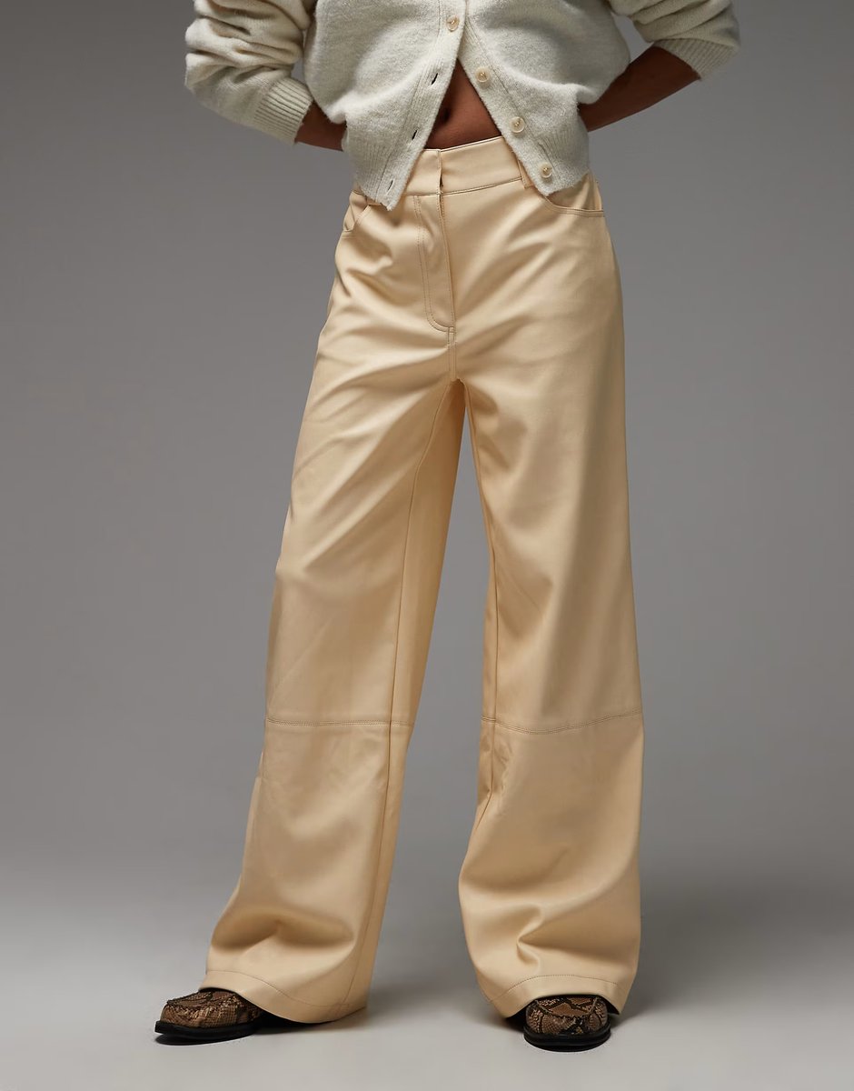 ASOS ASOS DESIGN low rise mansy faux leather trousers in buttermilk  - 3