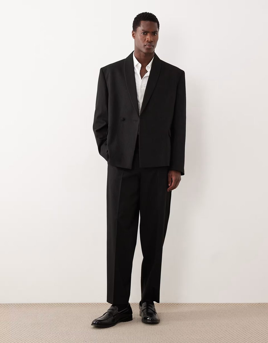 ASOS ASOS DESIGN tonal metallic stripe boxy shawl lapel suit jacket in black - 3