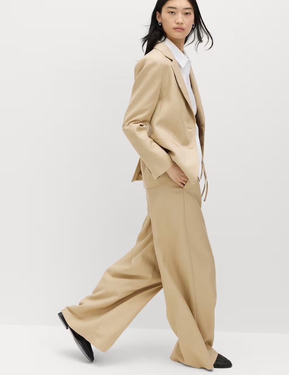Marks & Spencer M&S Lyocell Rich Palazzo Trousers with Linen Sandstone