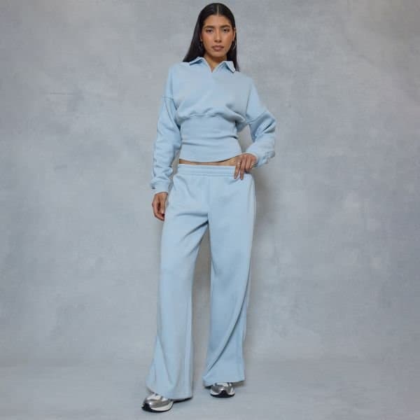 EGO Low Rise Elastic Waistband Side Stripe Detail Wide Leg Joggers In Blue, Women's Size UK 6