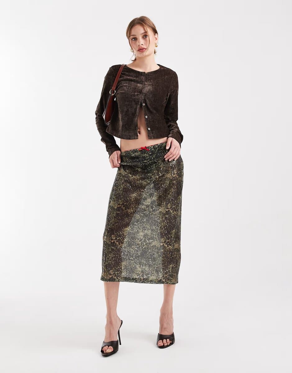 ASOS COLLUSION sheer awkward length skirt in camo sequin