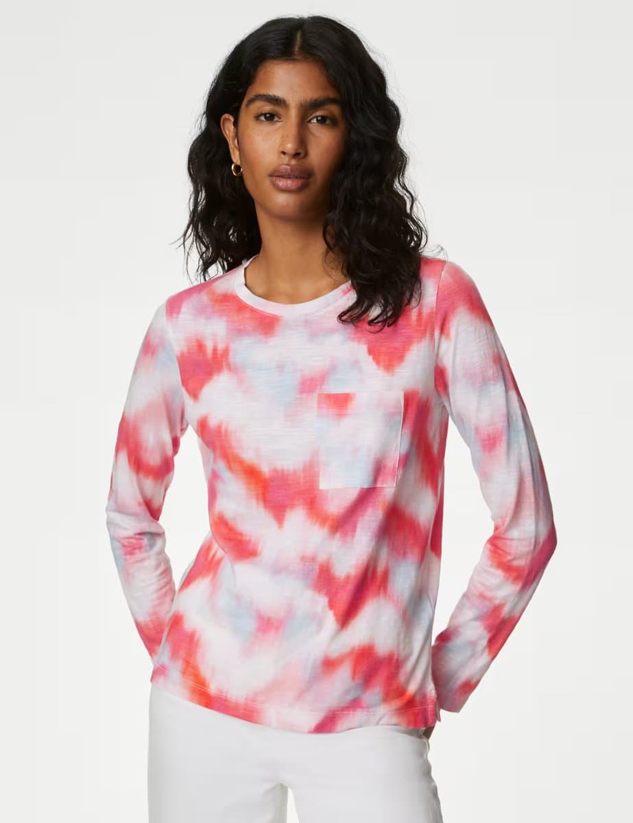 Marks & Spencer M&S Pure Cotton Printed Crew Neck T-Shirt Light Pink Mix