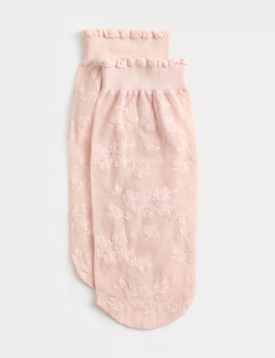 Marks & Spencer M&S Floral Lace Ankle High Socks in Pink Shell