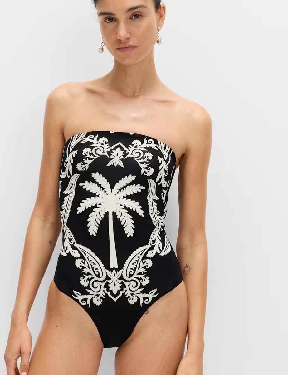 Marks & Spencer M&S Printed Bandeau Swimsuit in Black Mix