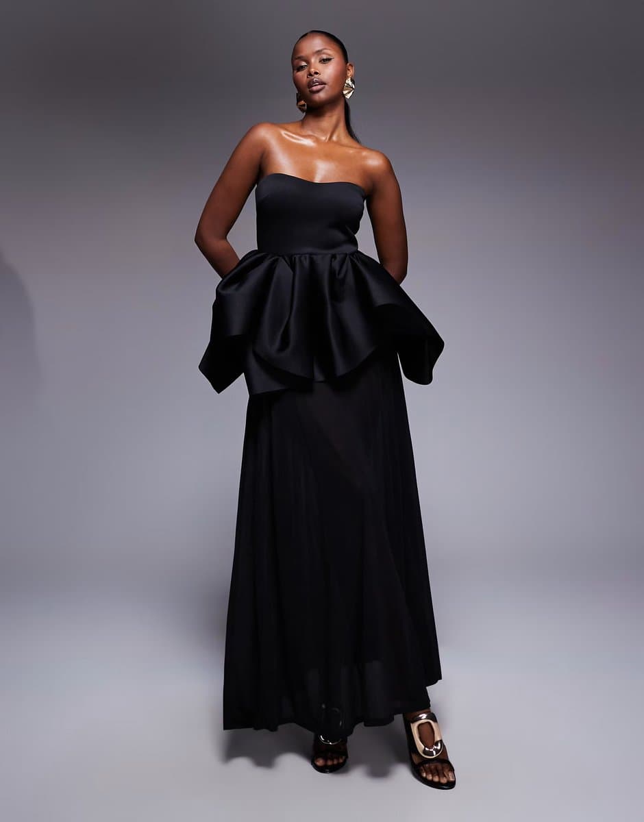 ASOS ASOS DESIGN Premium bandeau with sheer skirt maxi dress in black scuba-style fabric