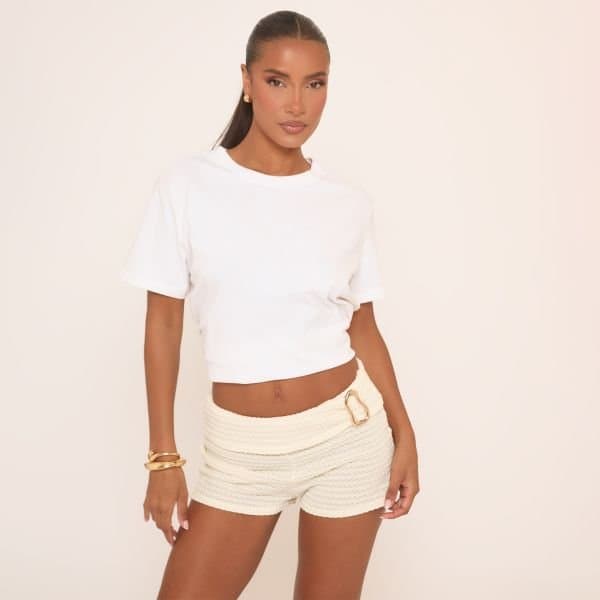EGO Low Rise Gold Trim Fold Over Shorts In Cream, Women's Size UK 12