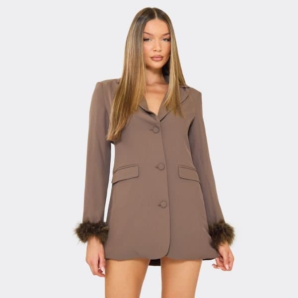 EGO Long Sleeve Feather Cuff Detail Blazer Dress In Chocolate Brown, Women's Size UK 6