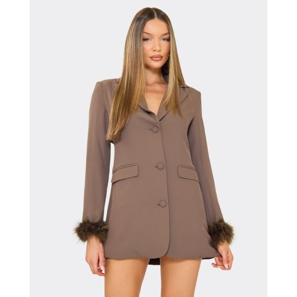 EGO Long Sleeve Feather Cuff Detail Blazer Dress In Chocolate Brown, Women's Size UK 6 - 2