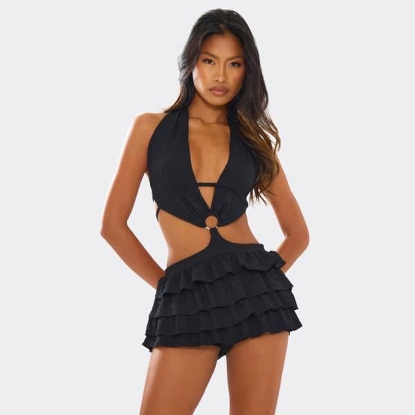 EGO Halterneck Ring Detail Cut Out Playsuit In Black Texture, Women's Size UK 4