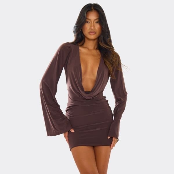 EGO Extreme Cowl Flared Sleeve Mini Dress In Brown Slinky, Women's Size UK 4