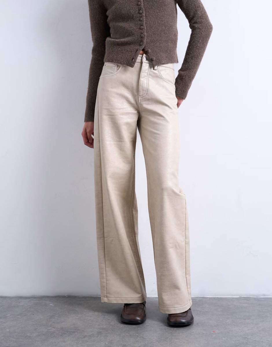 ASOS Topshop faux leather A line trouser in ecru - 3