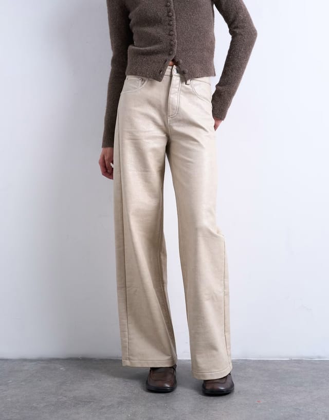 ASOS Topshop faux leather A line trouser in ecru - 3