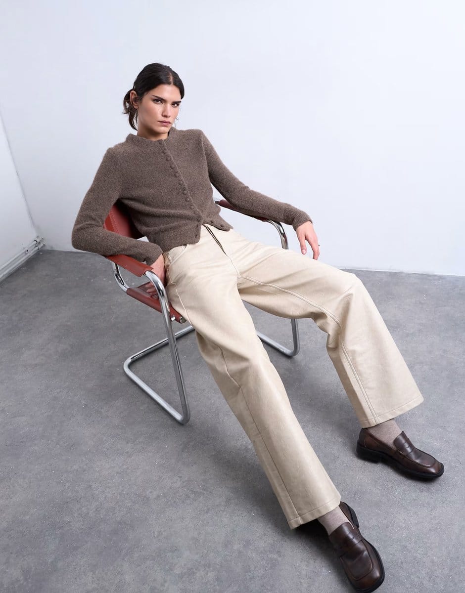 ASOS Topshop faux leather A line trouser in ecru - 4