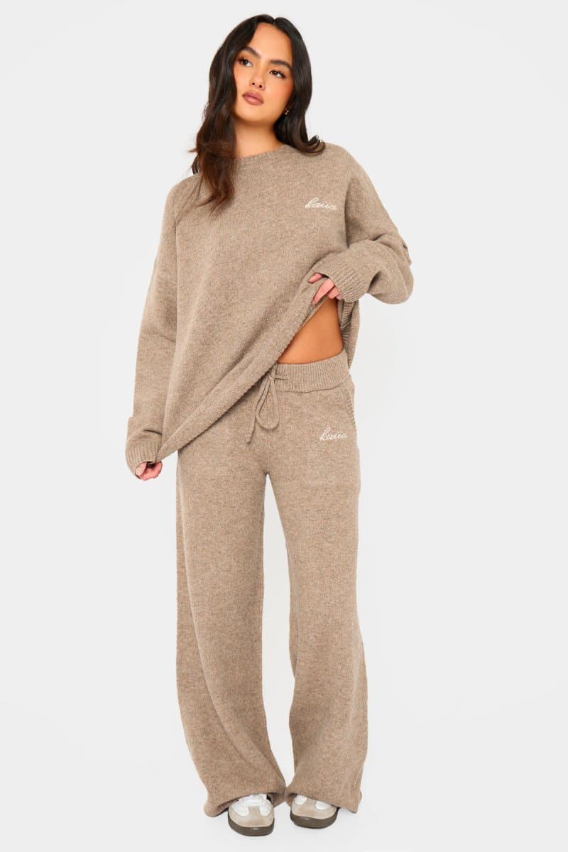 Kaiia Kaiia Taupe Marl Drawstring Wide Leg Trousers