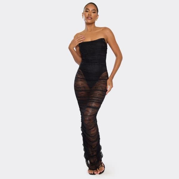 EGO Bandeau Ruched Corset Detail Maxi Dress In Black Lace, Women's Size UK 6