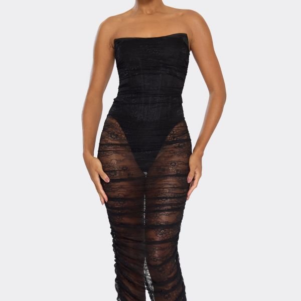 EGO Bandeau Ruched Corset Detail Maxi Dress In Black Lace, Women's Size UK 6 - 2