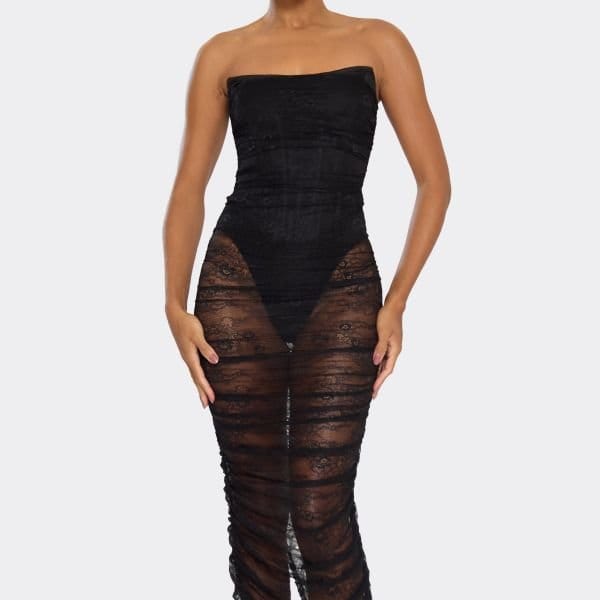 EGO Bandeau Ruched Corset Detail Maxi Dress In Black Lace, Women's Size UK 6 - 2