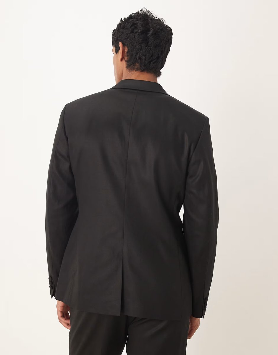 ASOS ASOS DESIGN slim suit jacket with linen in black shine - 3