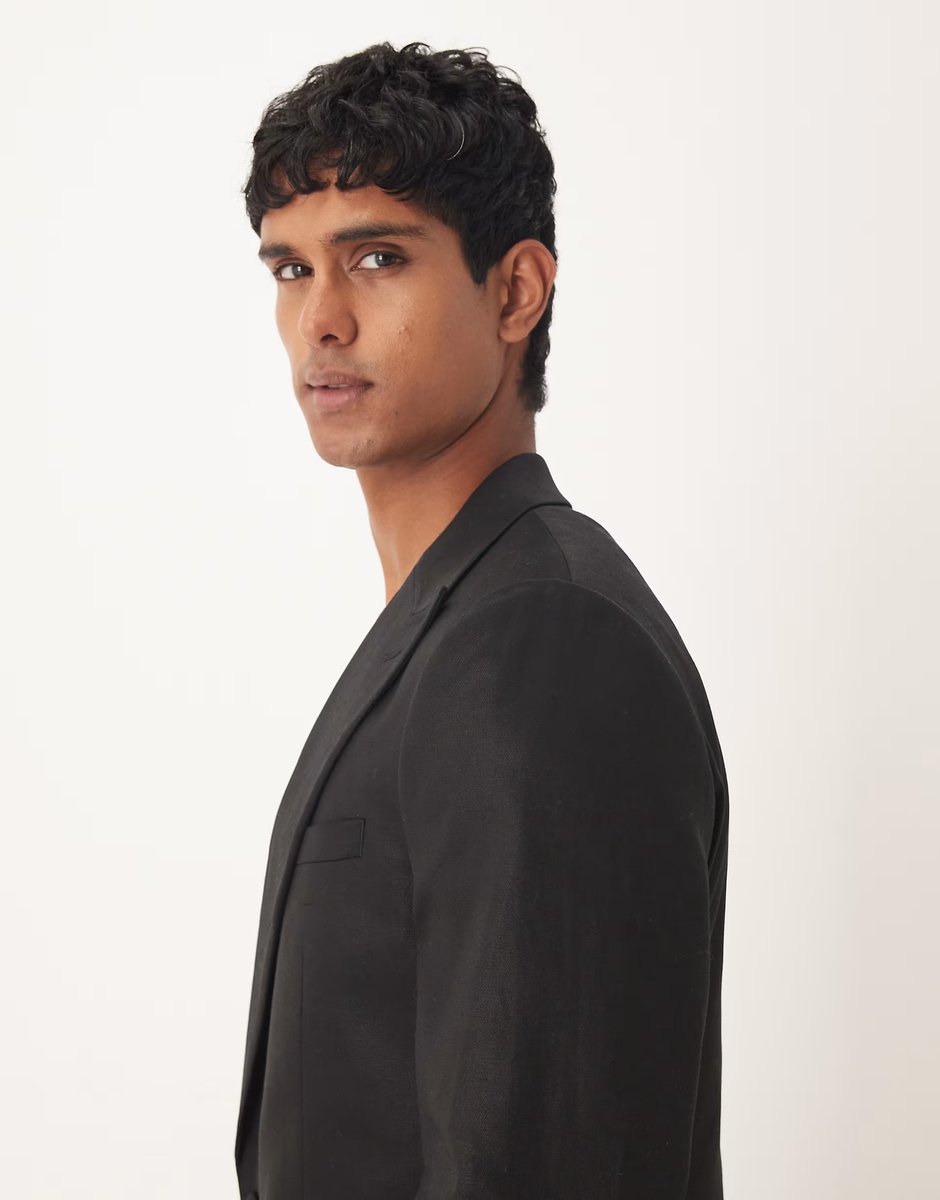 ASOS ASOS DESIGN slim suit jacket with linen in black shine - 4