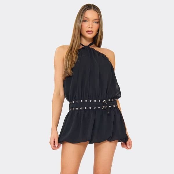 EGO Halterneck Low Back Eyelet Belt Mini Dress In Black, Women's Size UK 6
