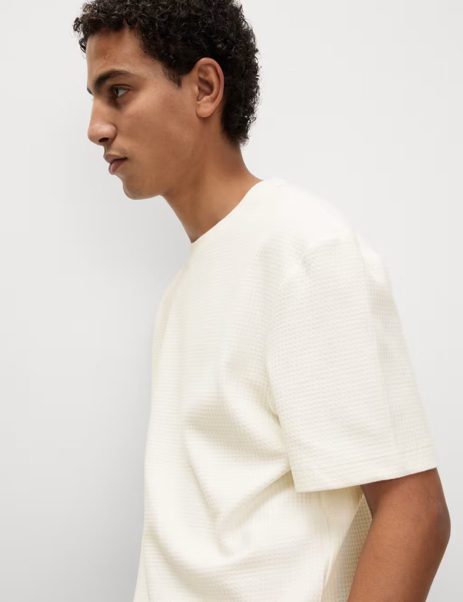 Marks & Spencer M&S Relaxed Pure Cotton Waffle T-Shirt Ivory - 3