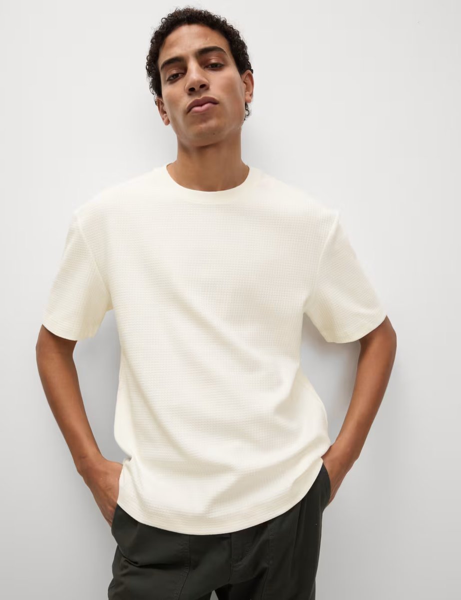 Marks & Spencer M&S Relaxed Pure Cotton Waffle T-Shirt Ivory - 4