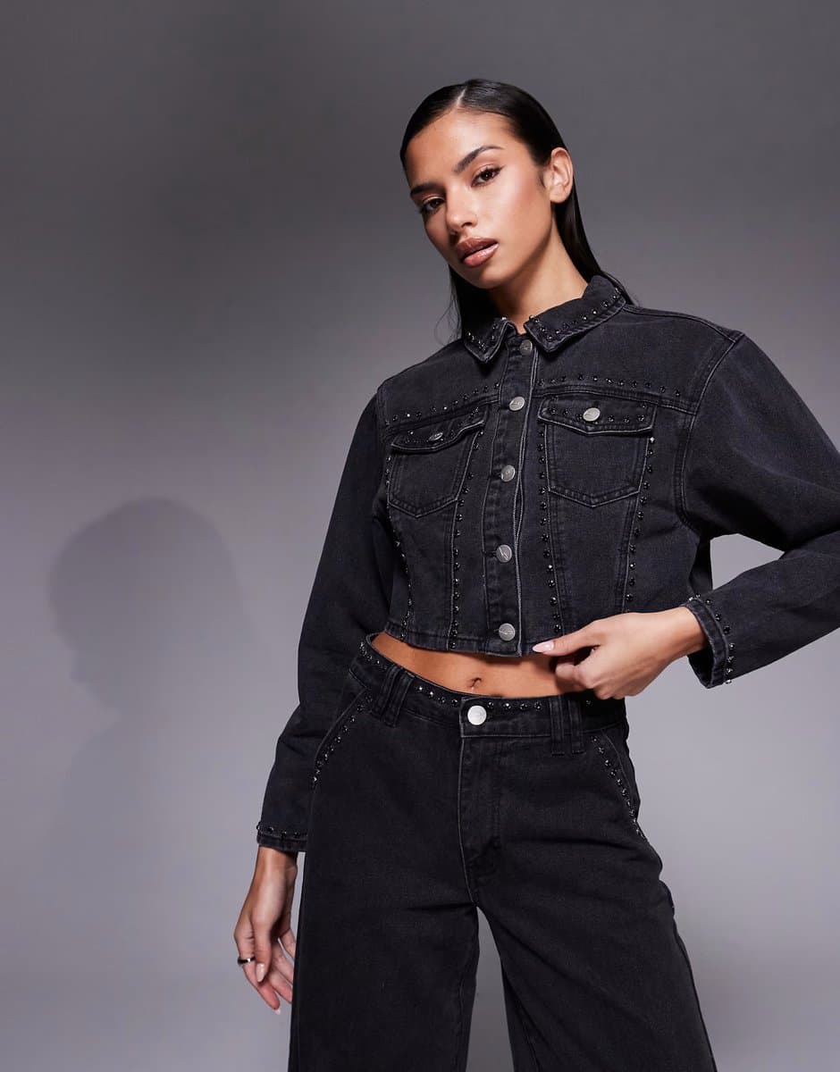 ASOS Liquor N Poker boxy denim jacket with diamante seam detail co-ord in washed black