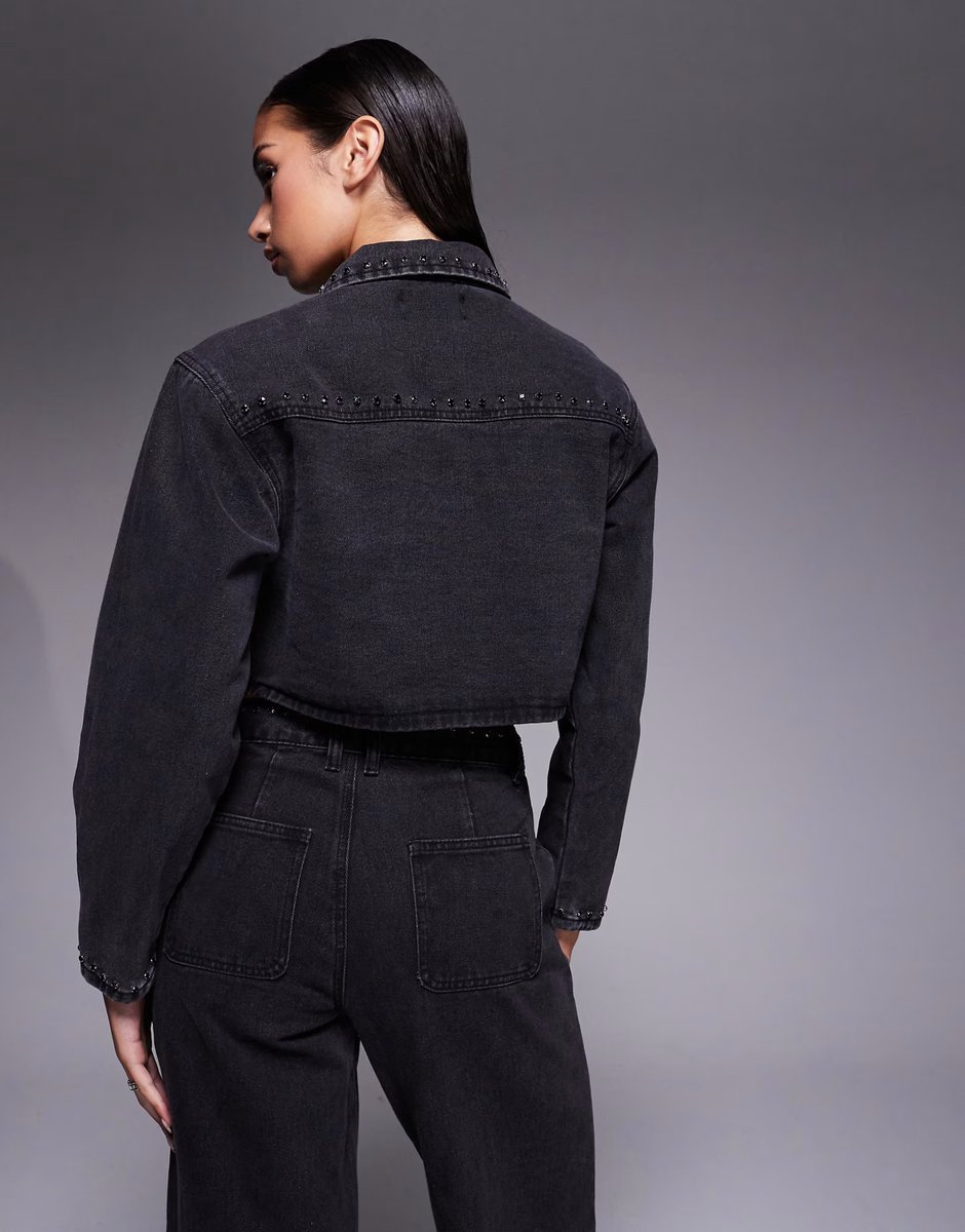ASOS Liquor N Poker boxy denim jacket with diamante seam detail co-ord in washed black - 4
