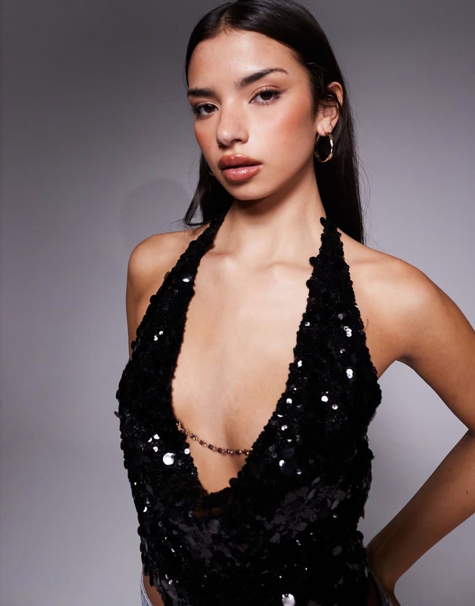 ASOS ASOS Tiger Mist Zana Halterneck Sequin Chain Cowl in Black