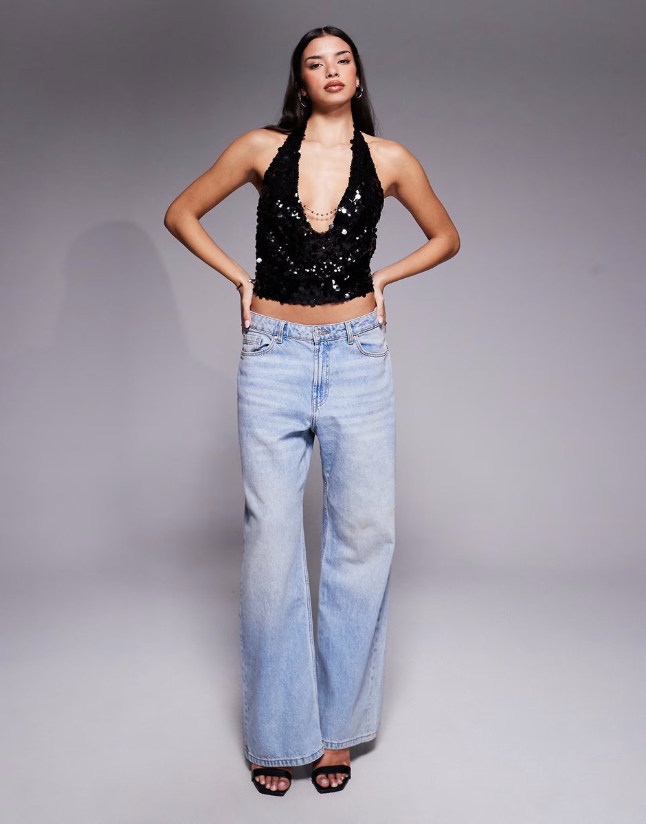 ASOS Tiger Mist Zana halterneck disc sequin chain cowl detail tie back top in black - 2