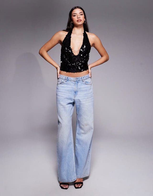 ASOS Tiger Mist Zana halterneck disc sequin chain cowl detail tie back top in black - 2