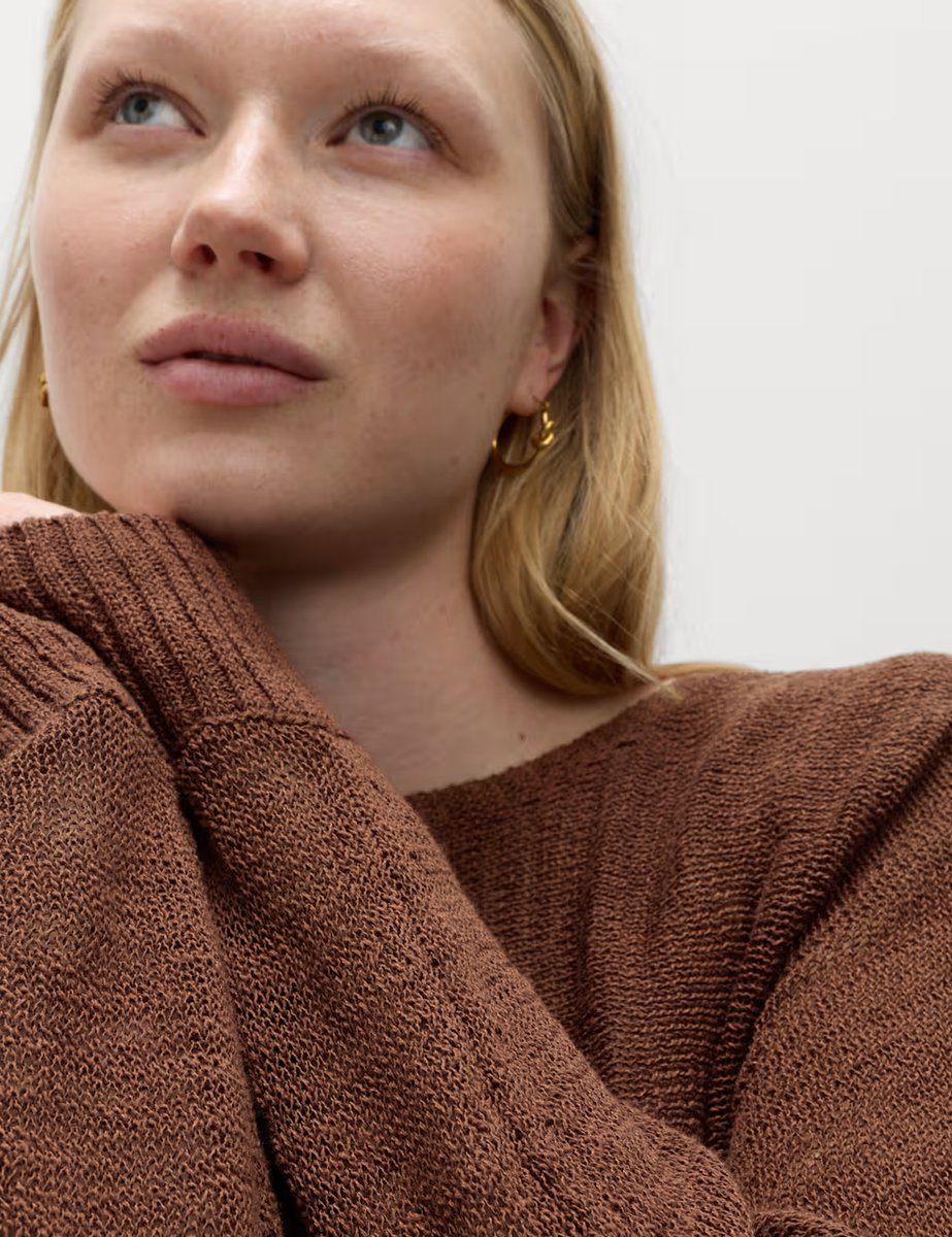 Marks & Spencer M&S Cotton Rich Textured Slash Neck Relaxed Jumper Conker - 2