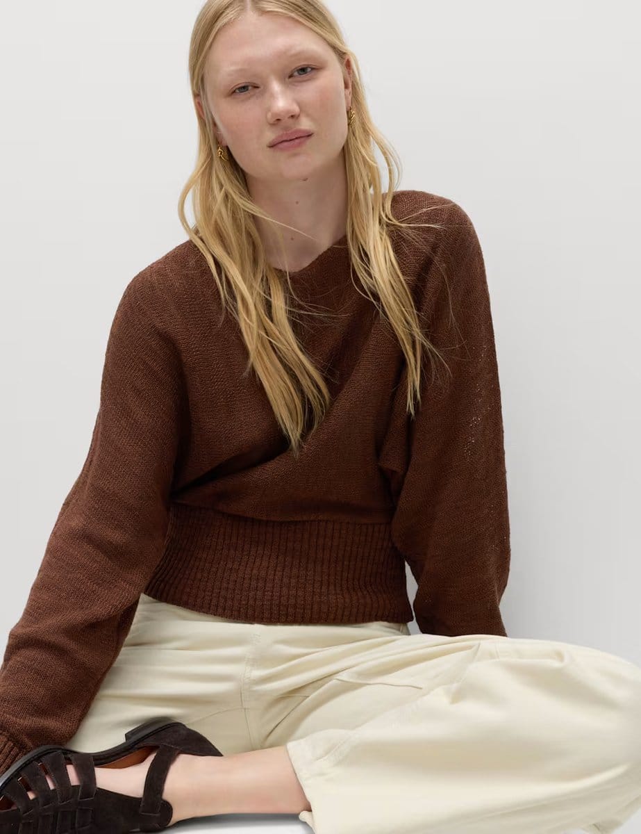 Marks & Spencer M&S Cotton Rich Textured Slash Neck Relaxed Jumper Conker - 4