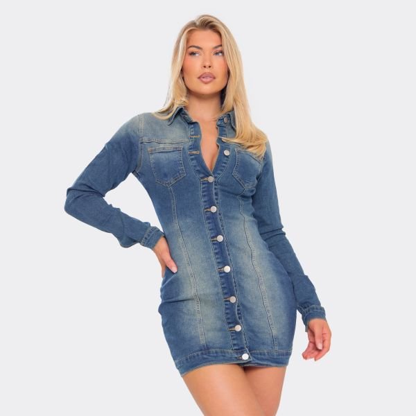 EGO Long Sleeve Button Down Collared Detail Mini Dress In Washed Blue Denim, Women's Size UK 6 - 1