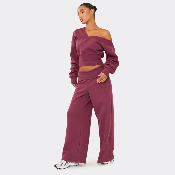 EGO Fold Over Waist Wide Leg Joggers In Plum, Women's Size UK 8 - 2